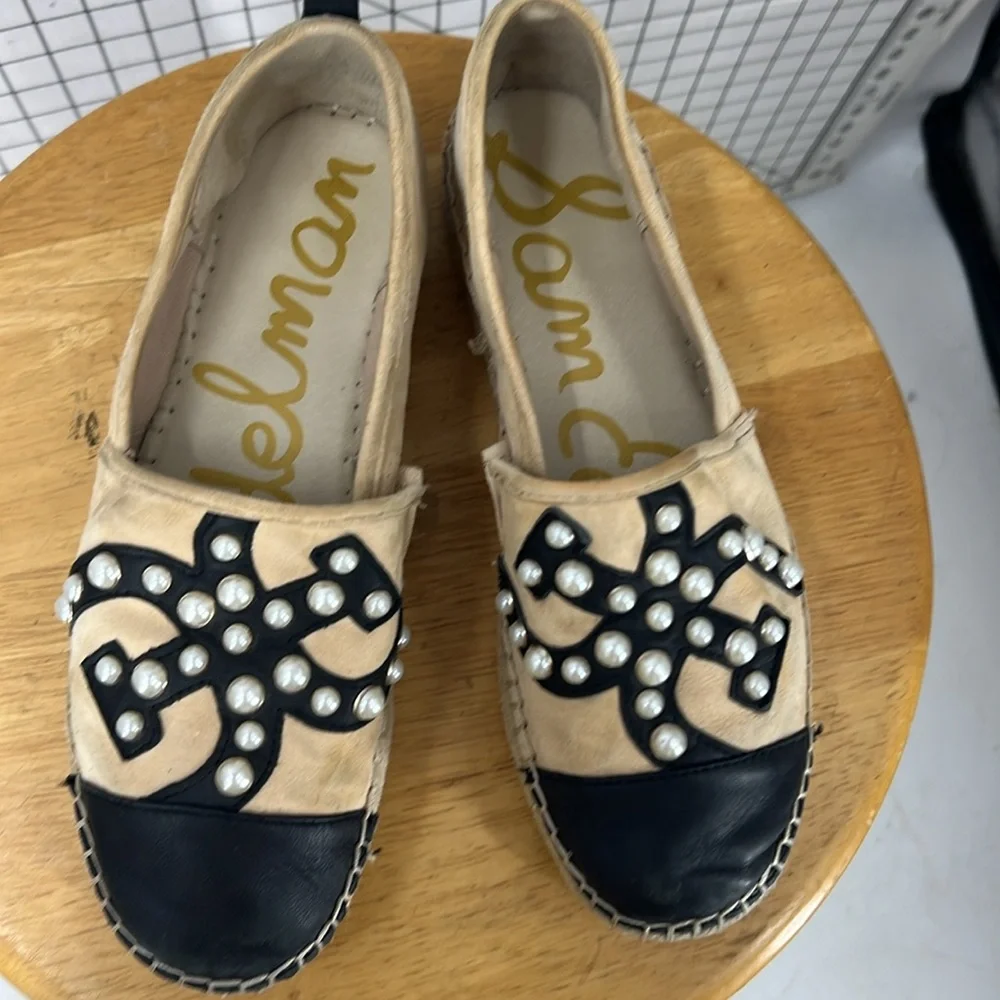 Sam Edelman Celton Leather Espadrille Pearl Beaded Logo Platform loafer shoe 8.5